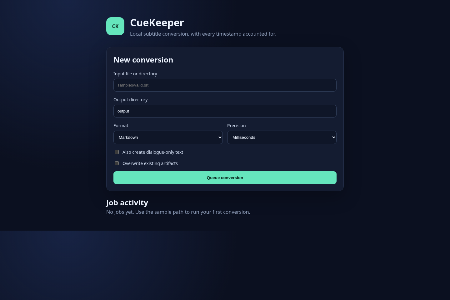 CueKeeper local web interface showing conversion settings and job activity